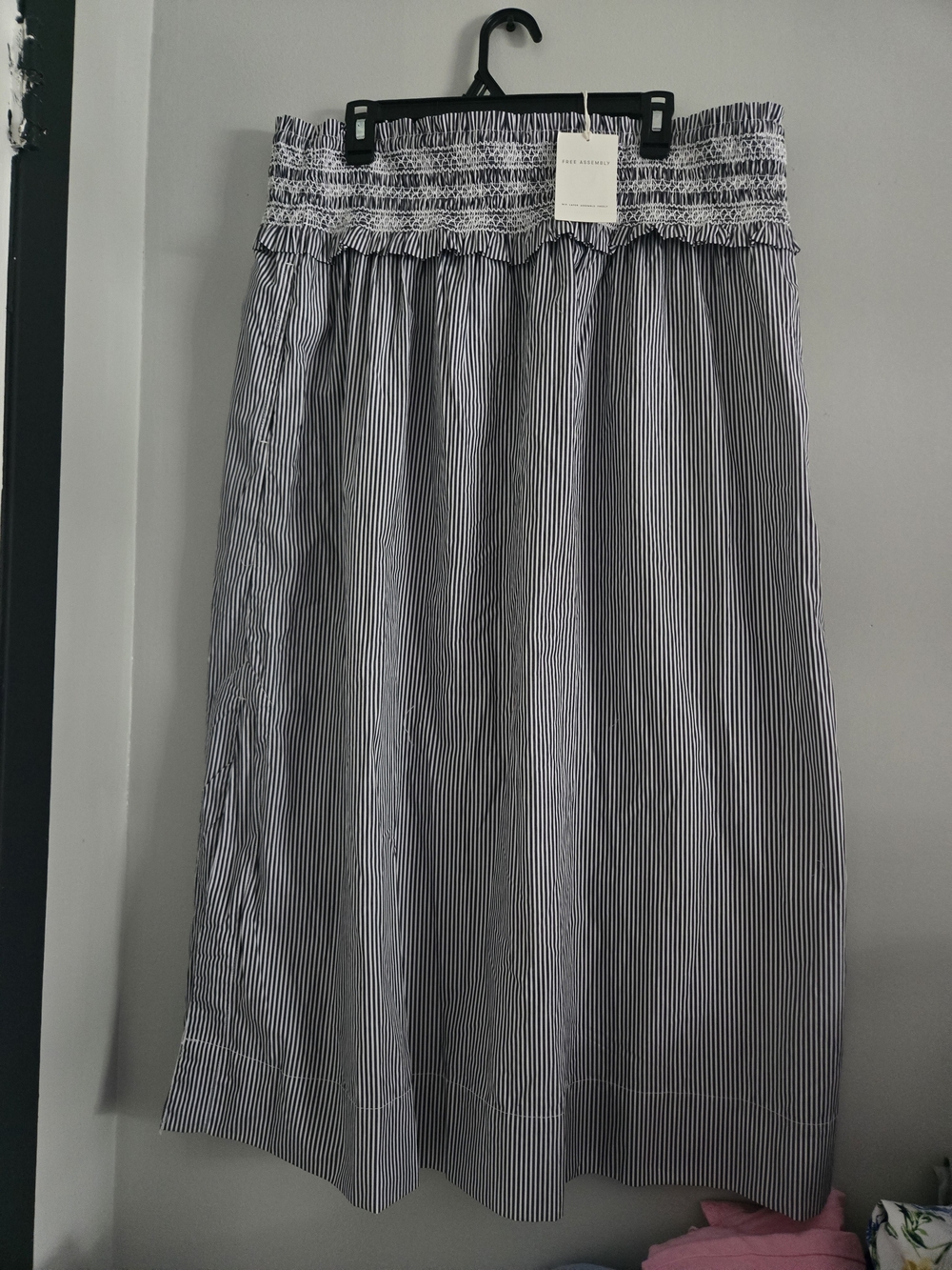 Striped Smocked-Waist Midi Skirt in Black and White